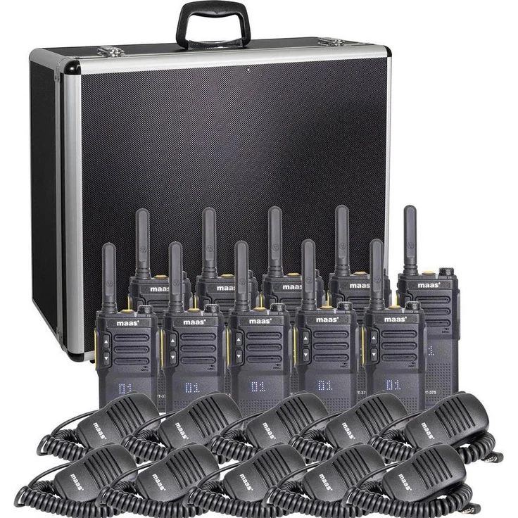 Maas Elektronik PT-375 KEP-360-K 10er PMR-Handfunkgerät Set mit Lautsprechermikrofonen, Schwarz, IPX2 spritzwassergeschützt, 56 Kanäle