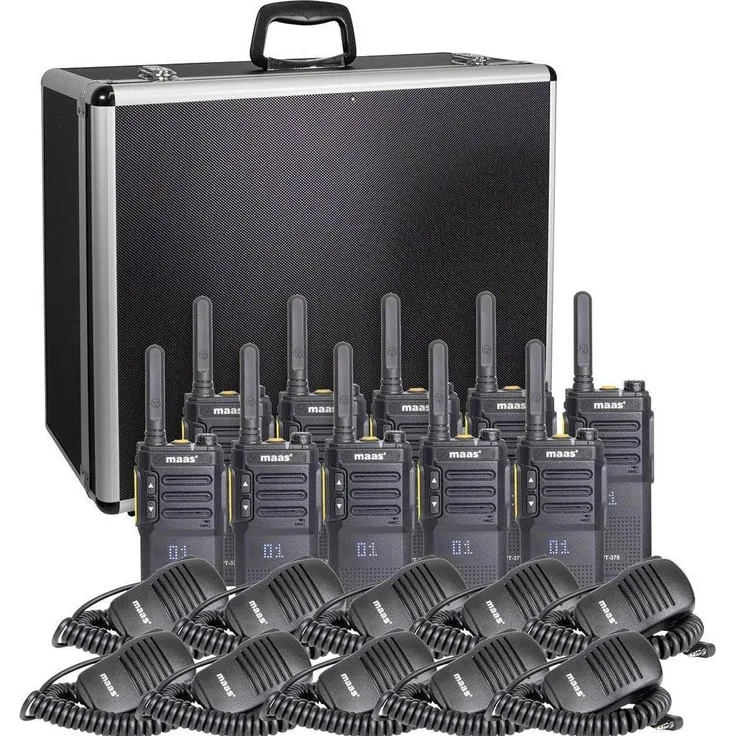 Maas Elektronik PT-375 KEP-360-K 10er PMR-Handfunkgerät Set mit Lautsprechermikrofonen, Schwarz, IPX2 spritzwassergeschützt, 56 Kanäle