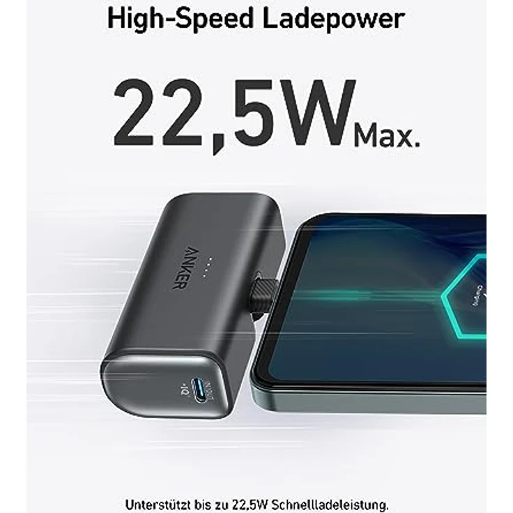 Anker Nano Powerbank, 5000mAh Powerbank 22,5W, Integrierter Faltbarer USB-C Konnektor, Kompatibel mit Samsung S22/23 Serie, Note 20/10 Serie, LG, Huawei, iPad ProAir, AirPods und mehr (Schwarz) – Bild 2