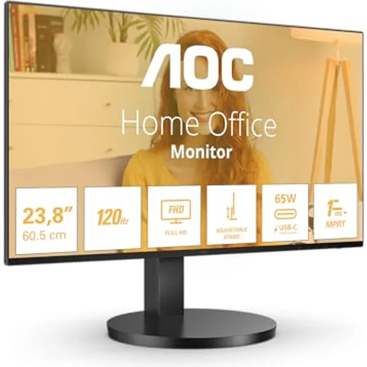 AOC 24B3CF2 Monitor 24" IPS, Full HD, 100Hz, USB-C 65W, höhenverstellbar, VESA, 4ms Reaktionszeit, energieeffizient