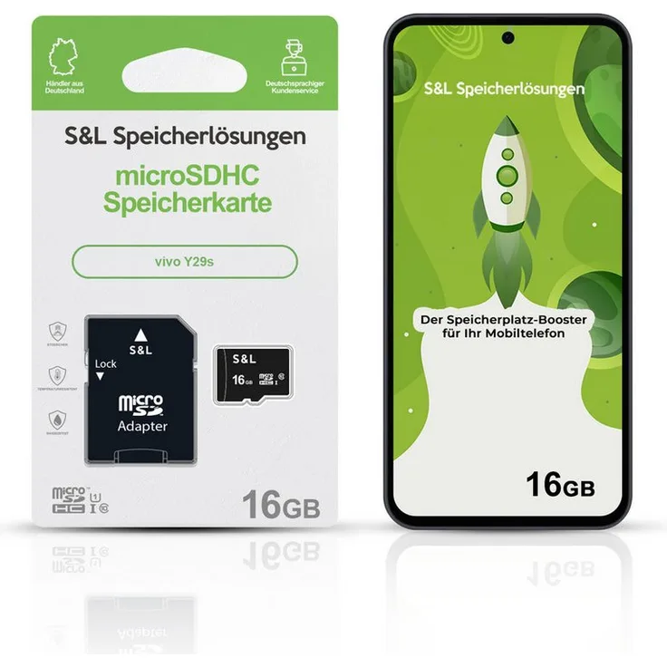 Tec-Expert microSD Karte S&L für vivo Y29s, 16 GB, Class 10, microSDHC, stoßfest und wasserdicht