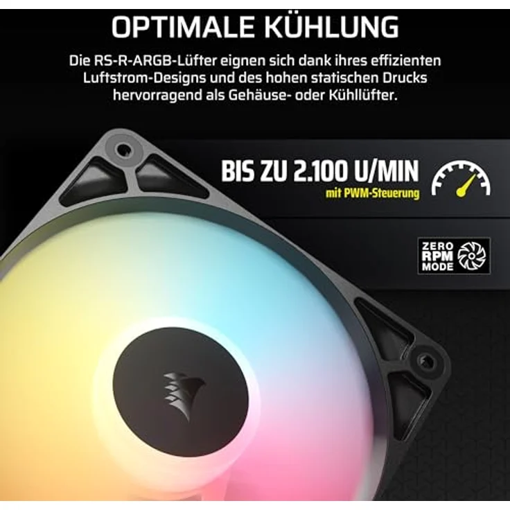 CORSAIR RS120-R ARGB Gehäuselüfter, 120-mm-PWM, 5 ARGB-Reverse-Lüfter, hoher statischer Druck, Zero-RPM-Modus, Daisy-Chain-Schaltung, schwarz, Dreierpack – Bild 7