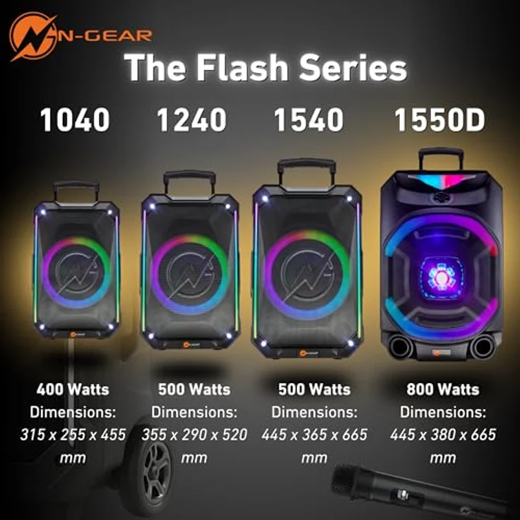 N-Gear The Flash 1240, Bluetooth Lautsprecher mit 500 Watt, 12-Zoll-Woofer, 6 Stunden Akkulaufzeit, LED-Lichtshow und Karaoke-Mikrofon – Bild 7