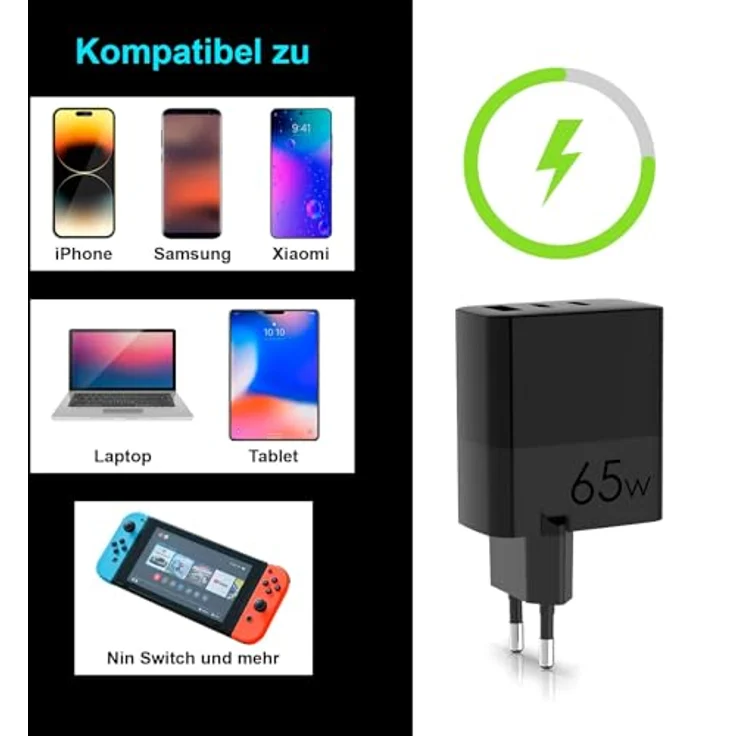 Eaxus USB Ladegerät mit 3 Ports, 2x Typ-C & 1x Typ-A, 65 Watt, inkl. USB-C Ladekabel, schwarz – Bild 6