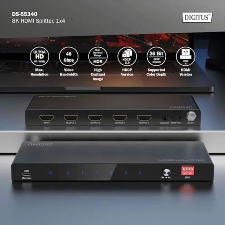 DIGITUS DS-55340 HDMI Splitter 1x4 – UHD 8K/60 Hz HDTV – Toslink, Stereo (3,5 mm) – Schwarz – Bild 5