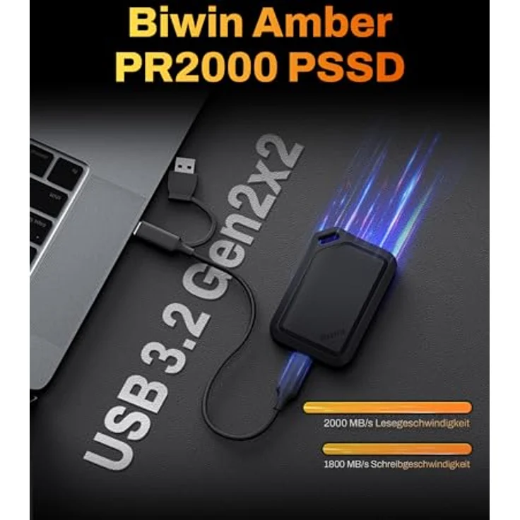 BIWIN Amber PR2000 Externe SSD 512GB, USB 3.2 Gen2x2, bis zu 2000 MB/s, IP67 wasserdicht, Portable NVMe mit USB-C & USB-A Adapter, Schwarz – Bild 2
