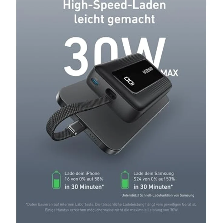 Anker Power Bank, Powerbank 20000mAh 30W mit integriertem USB-C Kabel, High-Speed portables Ladegerät für iPhone 16/15/15 Pro/15 Pro Max/15 Plus, MacBook, Galaxy - schwarz – Bild 4