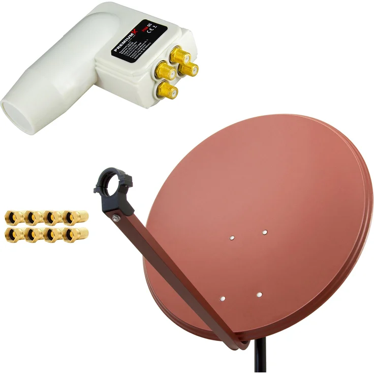 PremiumX PXA 100cm Satellitenschüssel, Aluminium Antenne in Ziegelrot mit Quad LNB und 8x F-Stecker, für Mehrsatellitenempfang, witterungsbeständig bis -40°C bis +60°C