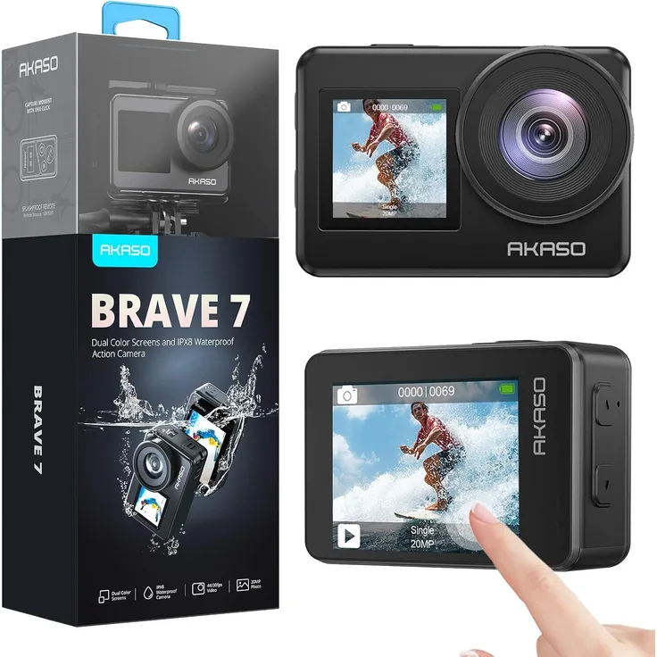 AKASO Brave 7, 4K Action Cam mit 20MP, IPX8 wasserdicht, EIS 2.0, Touchscreen, WiFi, Sprachsteuerung, externes Mikrofon, 2x1350mAh Batterien