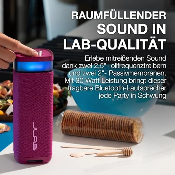 JLab JBuds Party, Tragbarer Bluetooth Lautsprecher mit 30W Leistung, 12H+ Akkulaufzeit, RGB Lichtshow, IP56 wasserfest, Mulberry – Bild 3