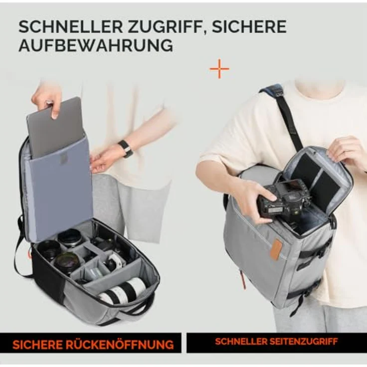 TARION Kamerarucksack Leicht, Profi Kamera Rucksack mit 15 Zoll Laptopfach und 8 herausnehmbaren Trennwänden, Grau – Bild 4