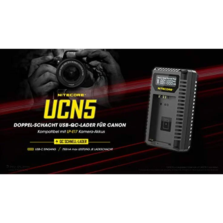 Nitecore UCN5 - Ladegerät für Canon Akku LP-E17, Quick Charge, schwarz – Bild 2