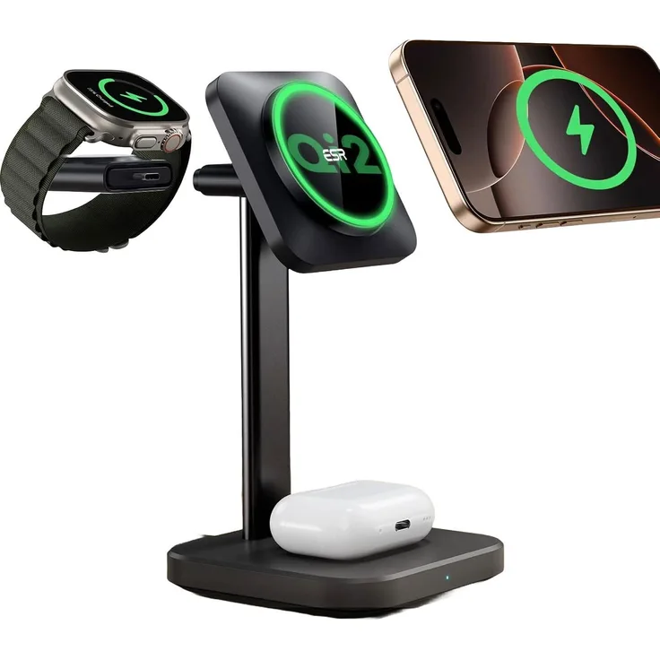 ESR HaloLock 3-in-1 Wireless Charging Set, Schnelles Ladegerät mit 15W Leistung für iPhone, Apple Watch und AirPods, EU-Stecker, Schwarz