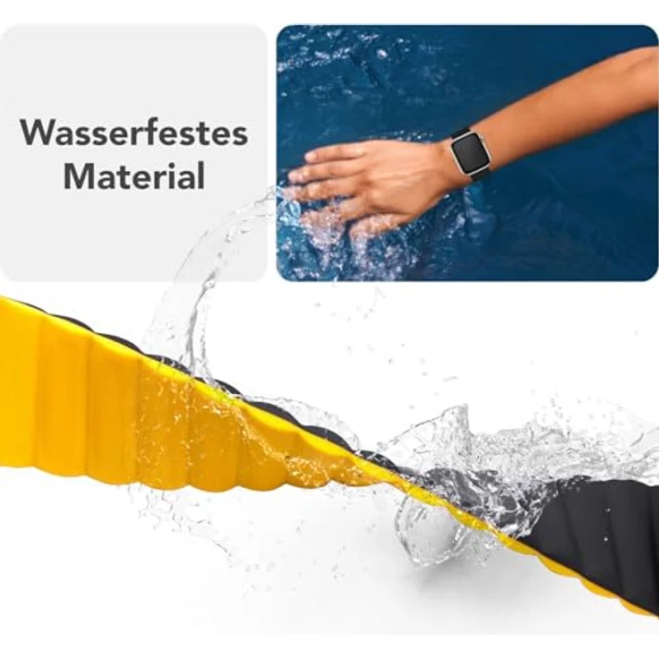 NALIA Core Magnet Armband für Apple Watch Ultra/SE/10/9/8/7/6/5/4/3/2/1, Atmungsaktives Silikon Loop mit Rillendesign, Farbe: Nachtschwarz Gelb, 42/44/45/46/49mm – Bild 5