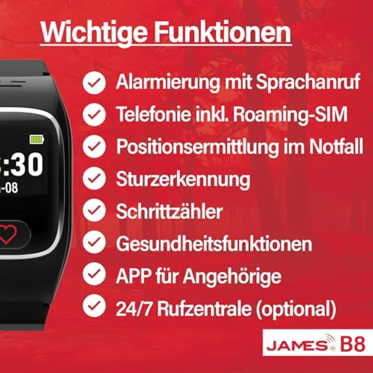 James B8 (schwarz) Notruf- und Sicherheitsuhr für Senioren, Sturzerkennung, Notruf-Knopf & GPS-Ortung, Gesundheitsfunktionen, Familien-App + SIM Karte inkludiert, Alarm – Bild 3