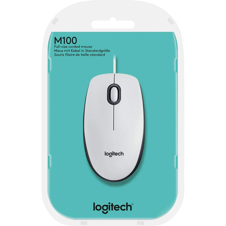 Logitech M100 Maus mit Kabel, 1000 DPI Optischer Sensor, USB-Anschluss, 3 Tasten, Für Links- und Rechtshänder, PC-Mac - weiß, Englische Verpackung – Bild 3