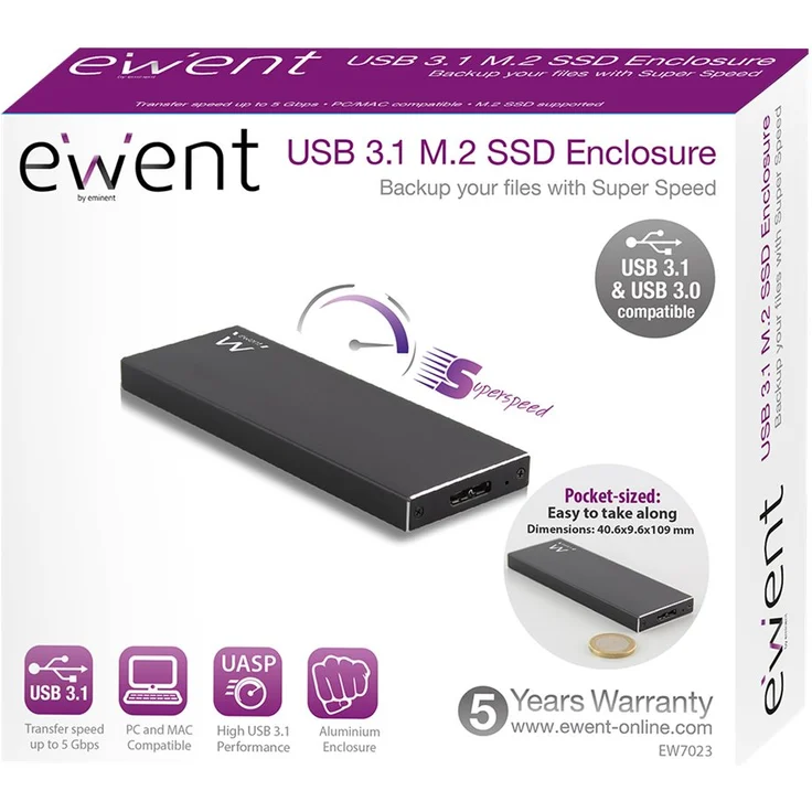 Ewent EW7023 Tragbarer USB 3.1 Gen1 (USB 3.0) M.2 SSD Enclosure, kompartibel mit PC und Mac, Aluminum Enclosure – Bild 2