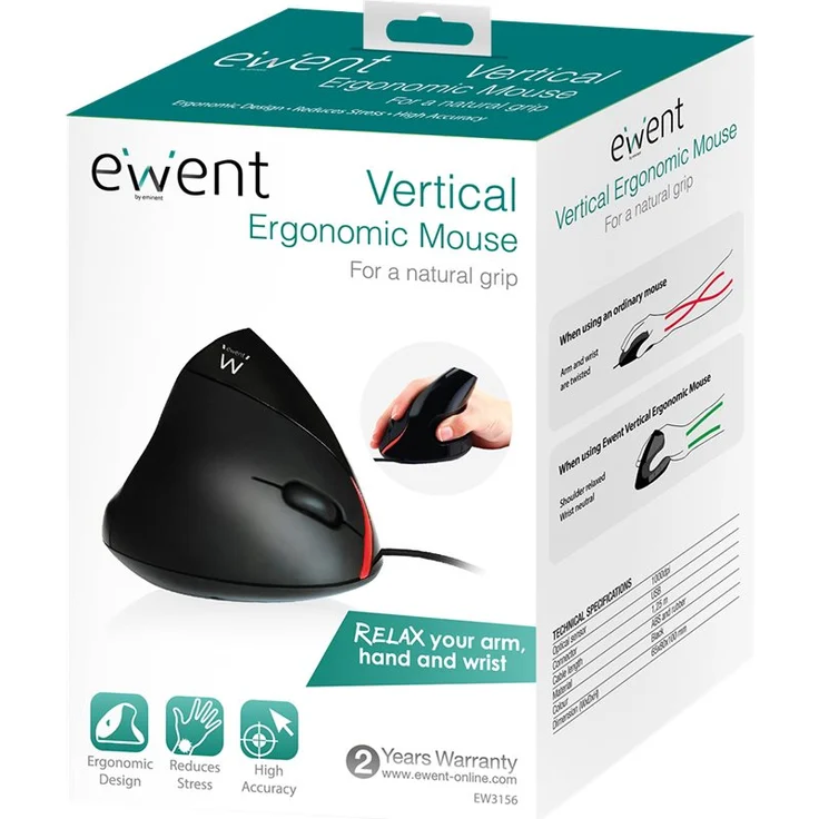 EWENT EW3156 Maus Ergonomisches, Griff senkrecht, USB, Optischer Sensor mit 1000Dpi – Bild 5