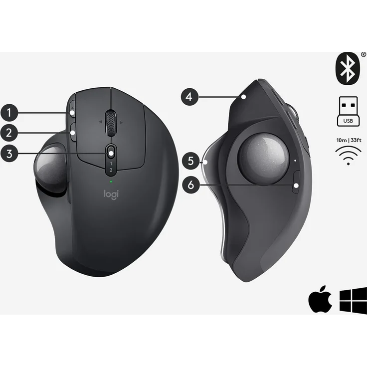 Logitech MX Ergo Kabellose Ergonomische Trackball-Maus, 2.4 GHz Verbindung via Unifying USB-Empfänger, 4-Monate Akkulaufzeit, Verstellbarer Winkel, Multi-Device, PC-Mac-iPadOS (910-005179) – Bild 13