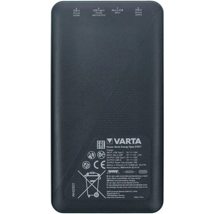 VARTA Power Bank Energy, 15000 mAh, mit 4 Anschlüssen (1x Micro USB, 2x USB A, 1x USB C), kompatibel mit Tablets & Smartphones, inkl. Micro USB Ladekabel, weiß – Bild 11