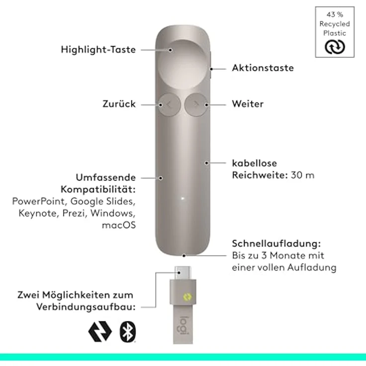 LOGITECH Spotlight 2 Presenter, fortschrittliches Präsentationsgerät mit haptischem Feedback, digitale Highlight-Funktionen, Farbe Sand – Bild 2