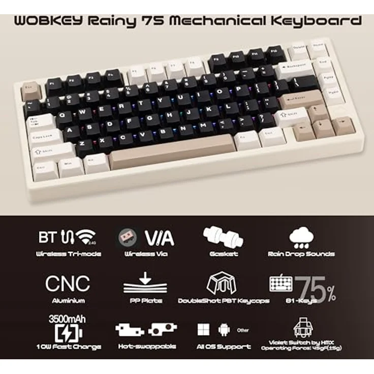 CutiePcs WOBKEY Rainy 75, Mechanische Tastatur mit HMX/JWK Switches, Aluminiumgehäuse, Kabelgebunden und kabellos, Dazzling A-RGB Beleuchtung, Standard - Weiß – Bild 4
