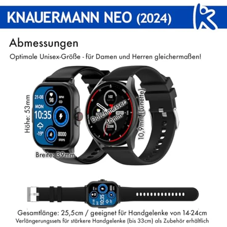 Knauermann Neo (2024) Schwarz Eckig - Gesundheitsuhr Smartwatch - EKG + HRV Funktion - BT Bluetooth - Schlafapnoe - Blutdruck - Silikonband Schwarz, 14-24 – Bild 3