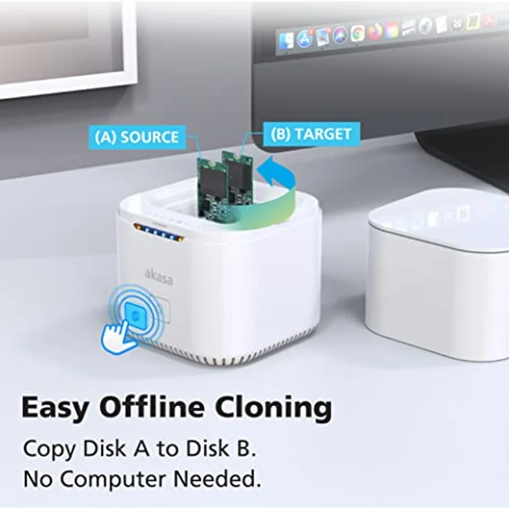 Akasa DuoDock MX | Dual M.2 PCIe NVMe SSD Dockingstation mit Offline-Klon | bis zu 10 Gbit/s | Eingebauter Lüfter und Schutzhülle | Für M.2 PCIe M Key und B+M Key SSD | Weiß – Bild 2