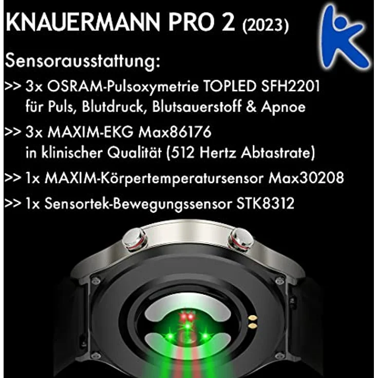 Knauermann PRO 2, schwarze Aluminium-Smartwatch mit EKG-Technik, präzisen Gesundheitsmessungen und 80 Ziffernblättern – Bild 4