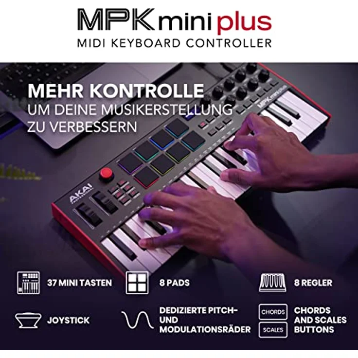AKAI Professional MPK Mini Plus - 37-Tasten USB MIDI Keyboard Controller mit 8 RGB MPC Pads, Drehreglern und Musikproduktionssoftware für PC und Mac – Bild 2