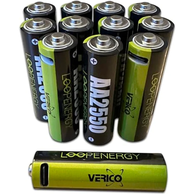 VERICO LoopEnergy AA 2550 Wiederaufladbare USB-C Batterie 12er Pack - Schnellladung in 2 Stunden - Mit 3x USB-A auf 4x USB-C Kabeln – Bild 1