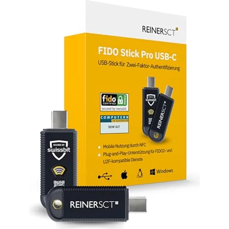ReinerSCT FIDO Stick Pro USB-C, Speicherkartenlesegerät mit Zwei-Faktor-Authentifizierung und NFC, Schwarz