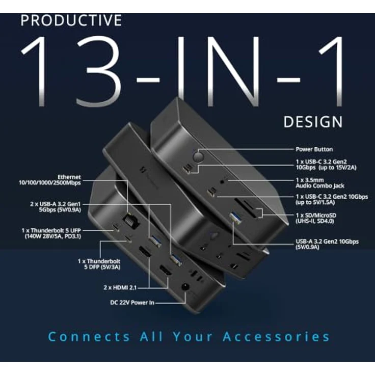 Kensington SD5010T5 EQ Thunderbolt™ 5 Triple 4K Dockingstation, Unterstützung für drei 4K-Displays, 80 Gbit/s Datenübertragung, Dynamic Power Delivery bis 100 W – Bild 3