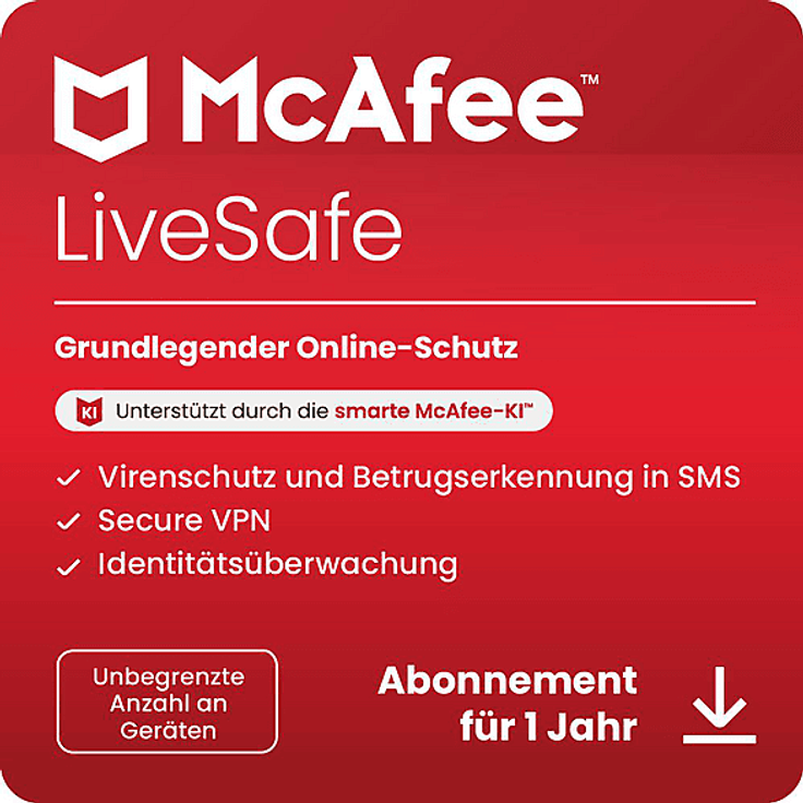 McAfee LiveSafe Attach, Multiplattform Antivirenprogramm für PC, iOS, Mac und Android, 1 Jahr Download-Code, inkl. VPN und Identitätsüberwachung