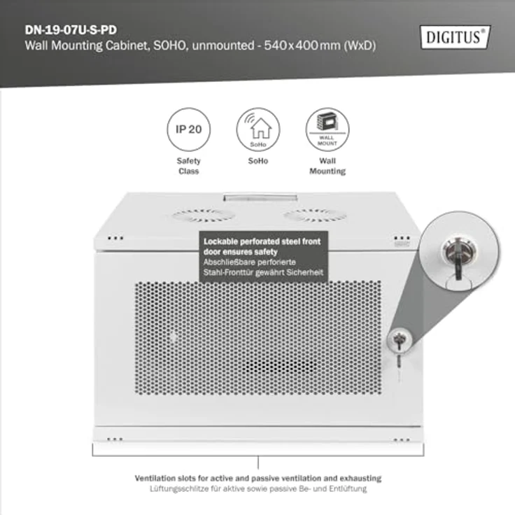 DIGITUS Netzwerk-Schrank 19 zoll 7 HE - unmontiert - Wandmontage - 400 mm Tiefe - Traglast 60 kg - Perforierte Tür – Bild 2