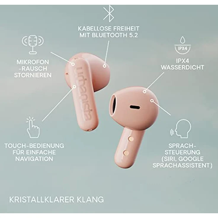 Urbanista Copenhagen True Wireless In Ear Kopfhörer Bluetooth 5.2, Touch-Bedienung Earbuds & Noise Cancelling Mikrofon, 32 Std. Spielzeit, USB C Ladecase, IPX4 Wasserabweisend, Altrosa – Bild 3