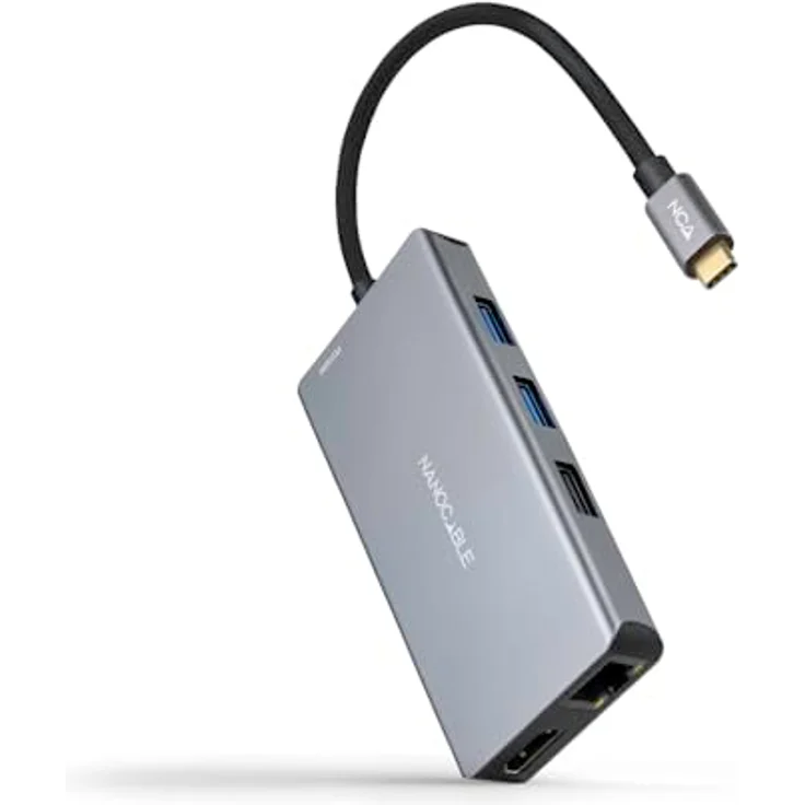 NANOCABLE 10.16.1009 – 9-in-1-Konverter-Hub, USB-C 3.2 GEN1, 3x USB-A, 2x HDMI, RJ45, TF/SD-Slot, USB-C PD 100 W, Aluminium, 15 cm, Grau – Bild 1