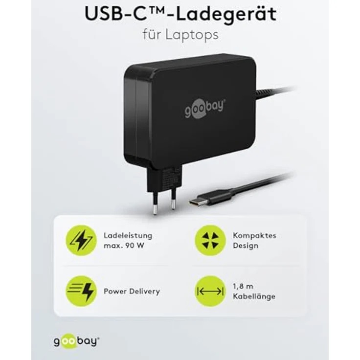 goobay 65420-90W USB C Ladegerät Laptop mit 1,8m Laptop Ladekabel Power Delivery 90w USB C Netzteil - USB C Ladegerät 90w mit Kabel & Überhitzungsschutz für MacBook Pro, Lenovo ThinkPad, Chromebook – Bild 2