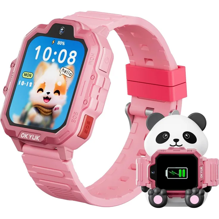 OKYUK T17 Kinder-Smartwatch 4G, GPS, Videoanruf, SOS-Funktion, Lernspiele, Panda-Ladestation, Schulmodus