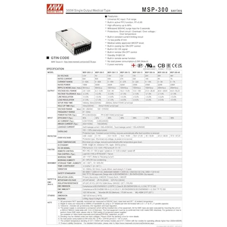 Mean Well MSP-300-12, 324W medizinisches Netzteil, 12V/27A mit aktiver PFC und hohem Wirkungsgrad – Bild 3