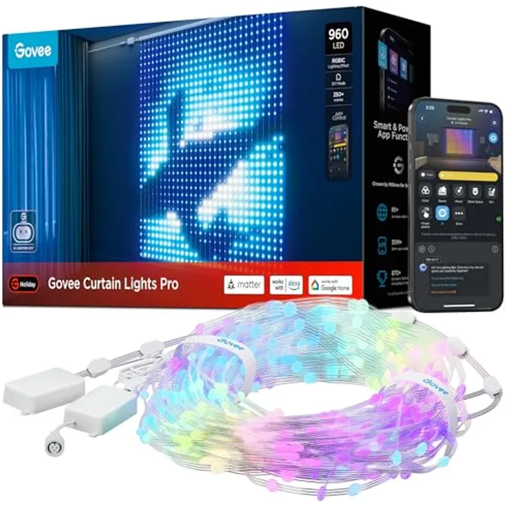 Govee Curtain Lights Pro, 960 LEDs Smart LED-Vorhang, IP67 Wasserfest, 1,65x1,76m, AIGC, 250+ Modi, Musiksynchronisation, dynamische DIY Lichterkette für Weihnachtsdeko