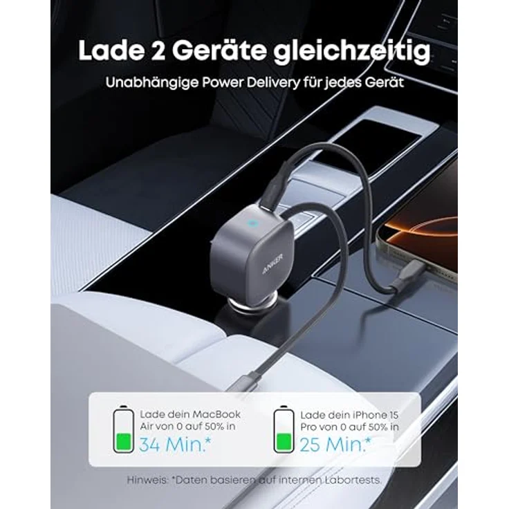 Anker USB-C Kfz-Ladegerät 75W Max, ultra-kompaktes Schnellladegerät mit einziehbarem Kabel für iPhone 16/15, MacBook Pro/Air, iPad und Galaxy, schwarz – Bild 3