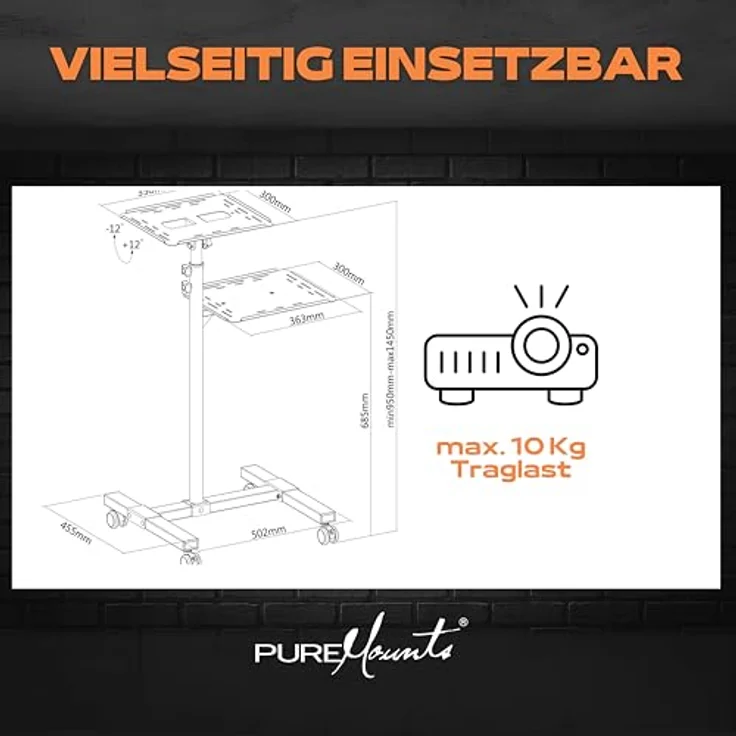 PureMounts PM-PCART-10 - Neigbarer Projektionswagen - Projektionstisch für Beamer und Projektor, flexibel einstellbar (950mm bis 1450mm), feststellbare Rollen, Tragkraft 10kg, Farbe schwarz – Bild 5