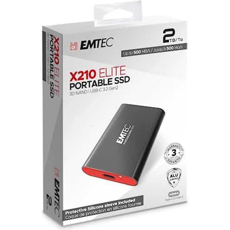 Emtec ECSSD2TX210 Externe SSD X210 Elite 2TB USB-C 3.2 – 3D NAND Flash Technologie – USB-C 3.2 Gen2 auf USB-A Kabel und Schutzhülle aus Silikon im Lieferumfang enthalten – Bild 3