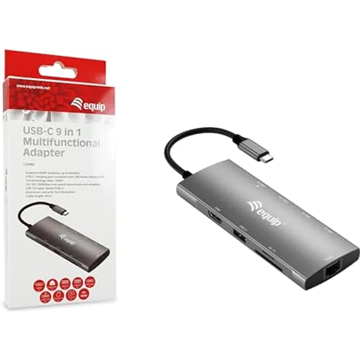 Equip 133490 USB-C 9-in-1-Multifunktionsadapter, HDMI 4K/60Hz, Gigabit LAN, USB 3.2 GEN1, SD/TF, 100W USB PD