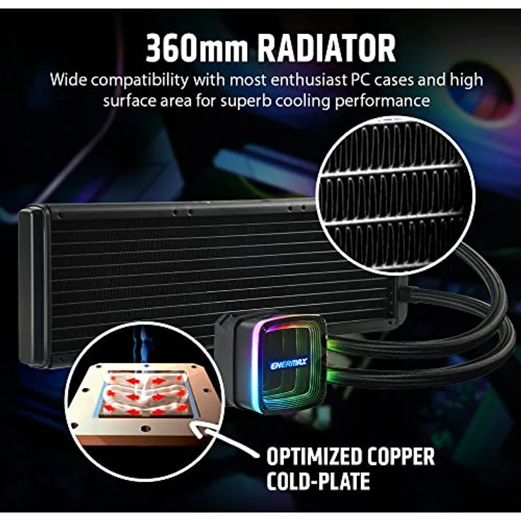 ENERMAX AQUAFUSION ADV ARGB 360mm AIO CPU Wasserkühlung Dual Chamber für Intel LGA1700/AMD AM5 Support 350W+ TDP (3x SquA RGB 120 PWM Lüfter); ELC-AQFA360-SQA, schwarz – Bild 5