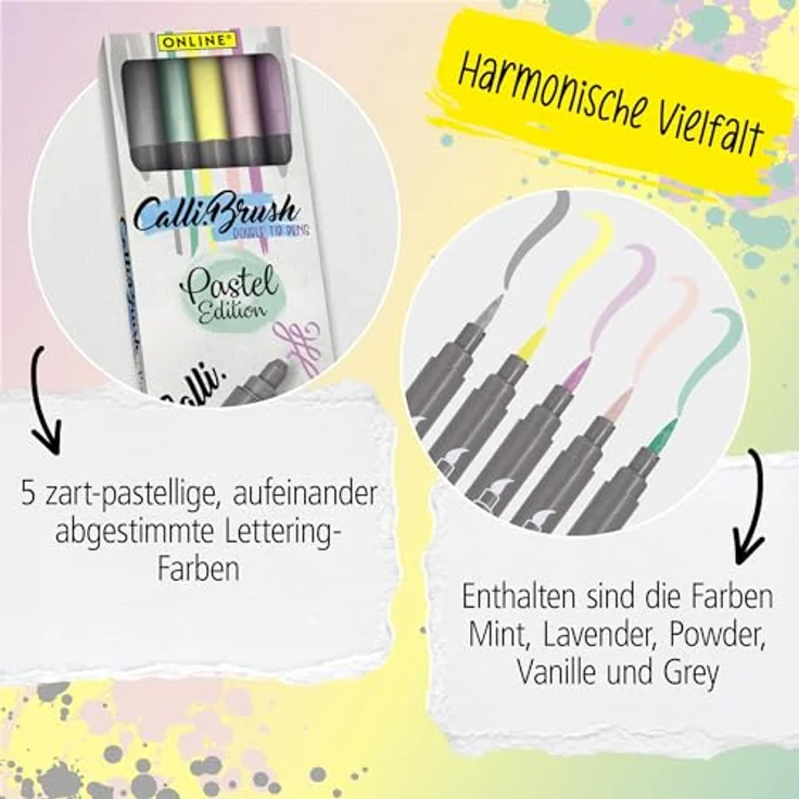 ONLINE® Calli.Brush Double Pastel Brush-Pens, 5er Set mit Kalligrafie- und Pinselspitze in Grau, Hellgrün, Pink, Violett, Gelb – Bild 6