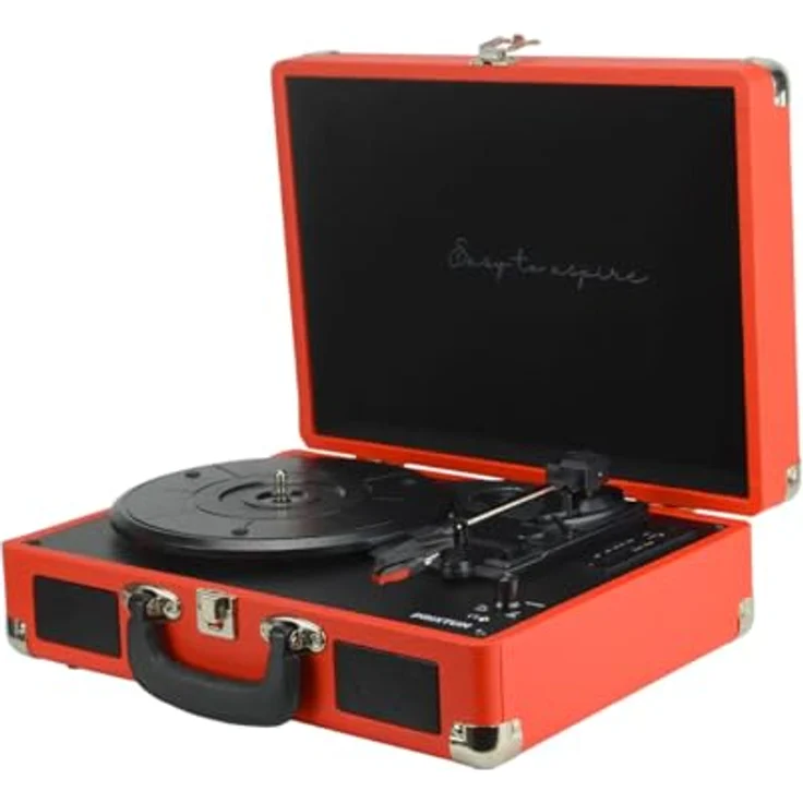 PRIXTON - Vintage Vinyl-Plattenspieler, Vinyl-Player und Musik-Player über Bluetooth und USB, 2 eingebaute Lautsprecher, Plattenspieler Koffer, Farbe Rot | VC400 – Bild 3