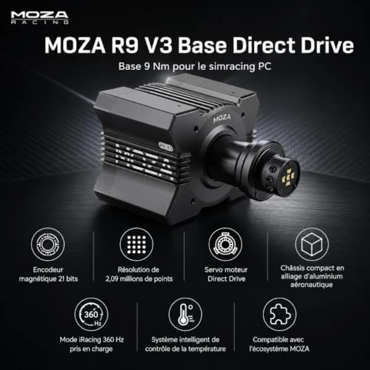 MOZA RACING R9 V3 Direct Drive Wheelbase, 9 Nm Drehmoment, präzises Force Feedback, Aluminiumgehäuse, Schwarz – Bild 2