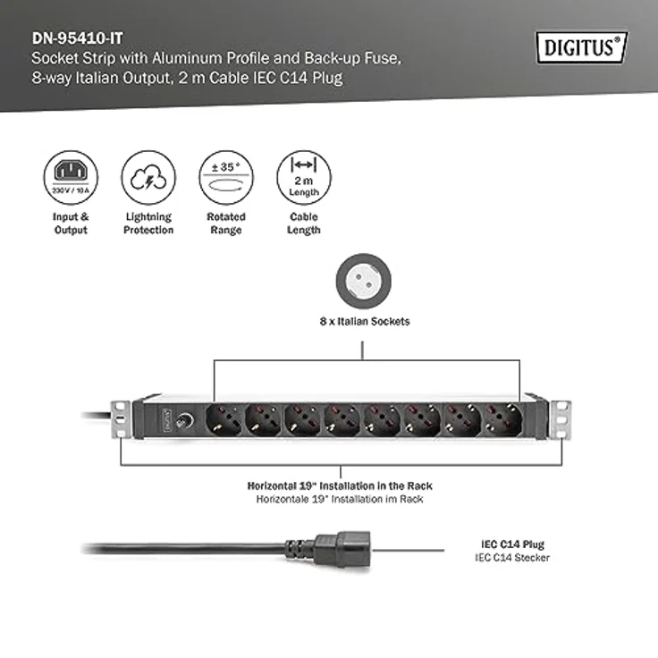 DIGITUS Steckdosenleiste mit Aluminiumprofil und Vorsicherung, 8-Fach Italienische Ausgang, 2 m Zuleitung, IEC C14 Stecker – Bild 2